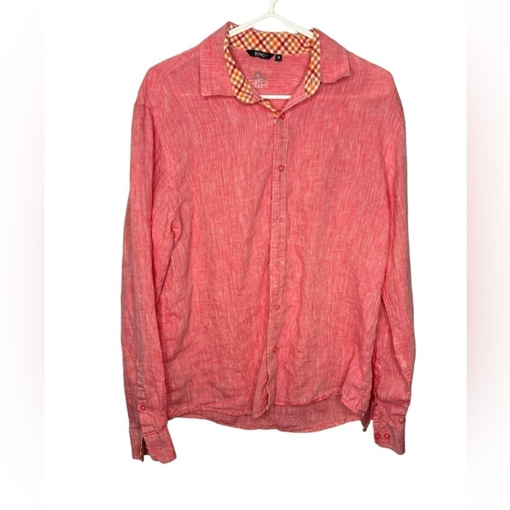 Bohio Mens 100% Linen Pink Long Sleeve Button Down Short Size Medium